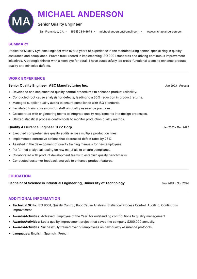 Quality Systems Engineer resume example