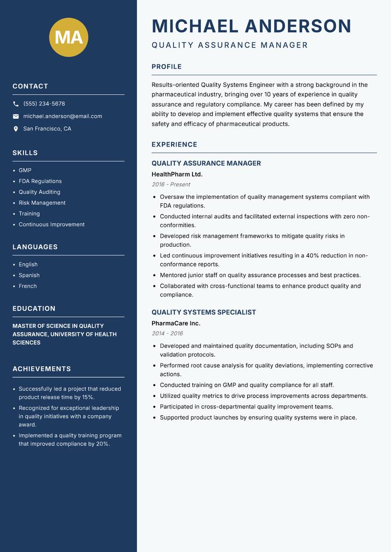 Quality Systems Engineer resume sample — Quality Assurance Manager focus