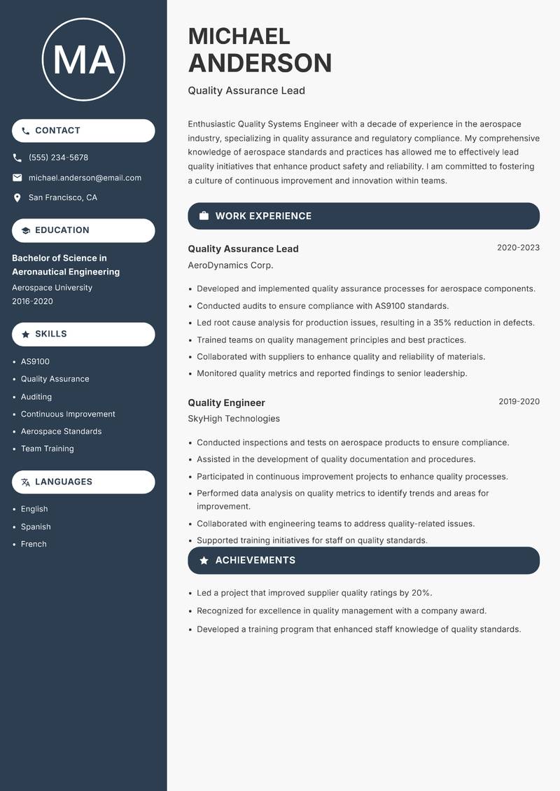 Quality Systems Engineer resume sample — Quality Assurance Lead focus