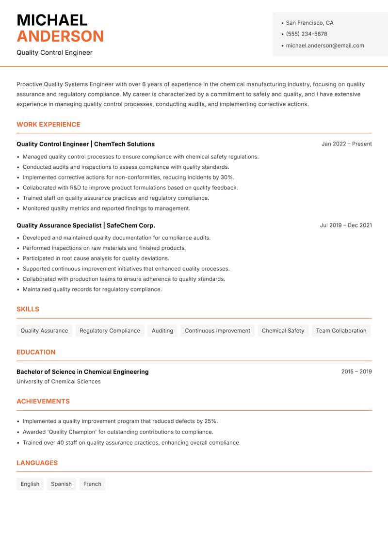 Quality Systems Engineer resume sample — Quality Control Engineer focus
