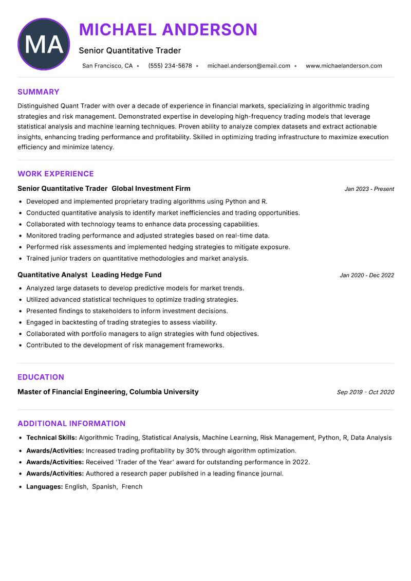 Quant Trader resume example