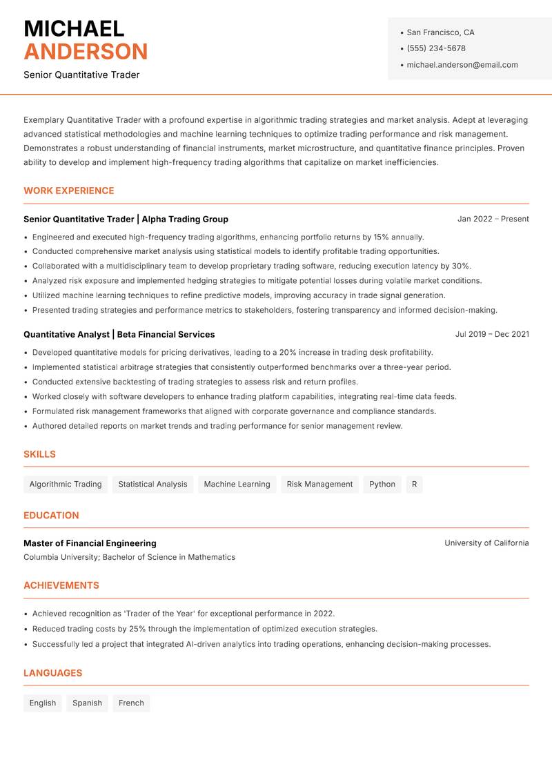 Quant Trader resume sample — Senior Quantitative Trader focus