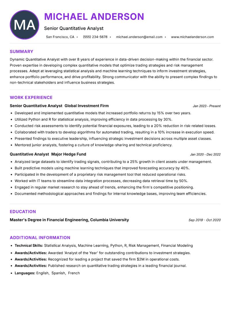 Quantitative Analyst resume example