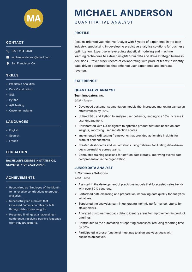 Quantitative Analyst resume sample — Quantitative Analyst focus