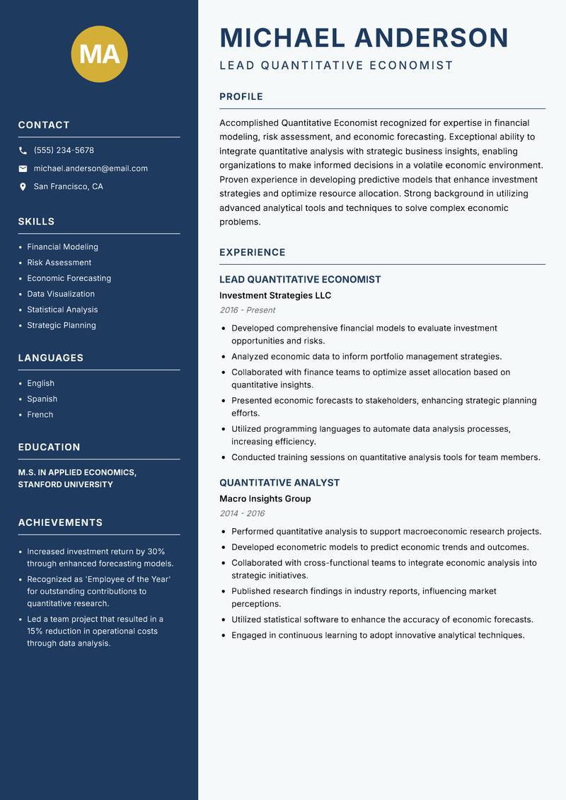 Quantitative Economist resume sample — Lead Quantitative Economist focus