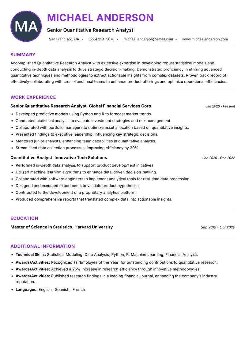 Quantitative Research Analyst resume example