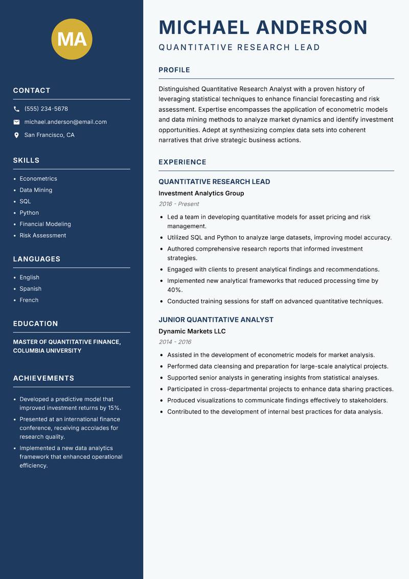 Quantitative Research Analyst resume sample — Quantitative Research Lead focus