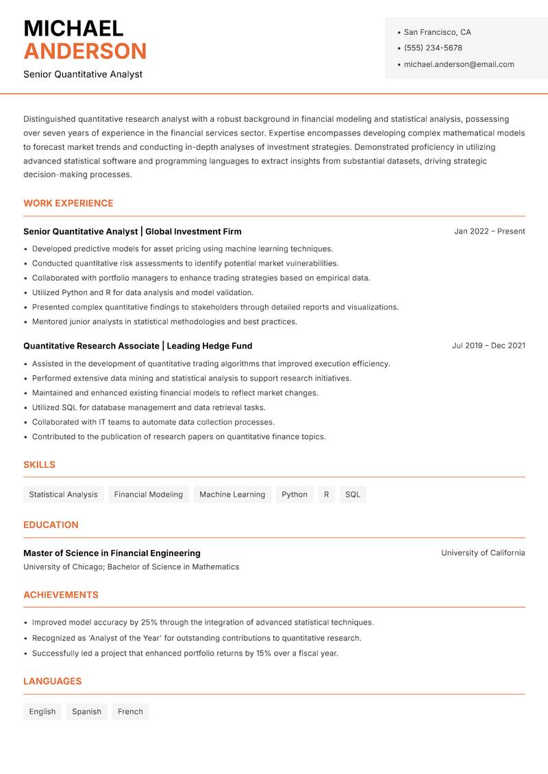 Quantitative Research Analyst resume sample — Senior Quantitative Analyst focus