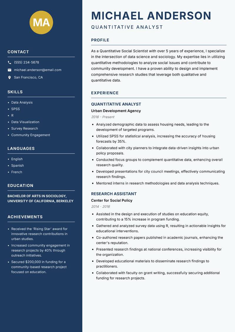 Quantitative Social Scientist resume sample — Quantitative Analyst focus