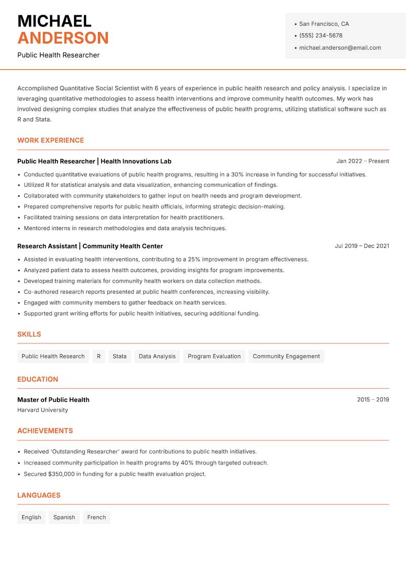 Quantitative Social Scientist resume sample — Public Health Researcher focus