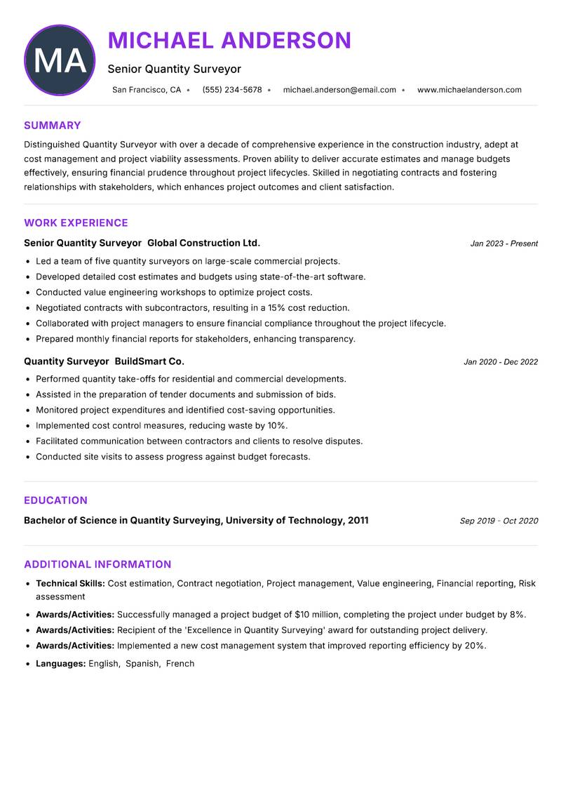Quantity Surveyor resume example