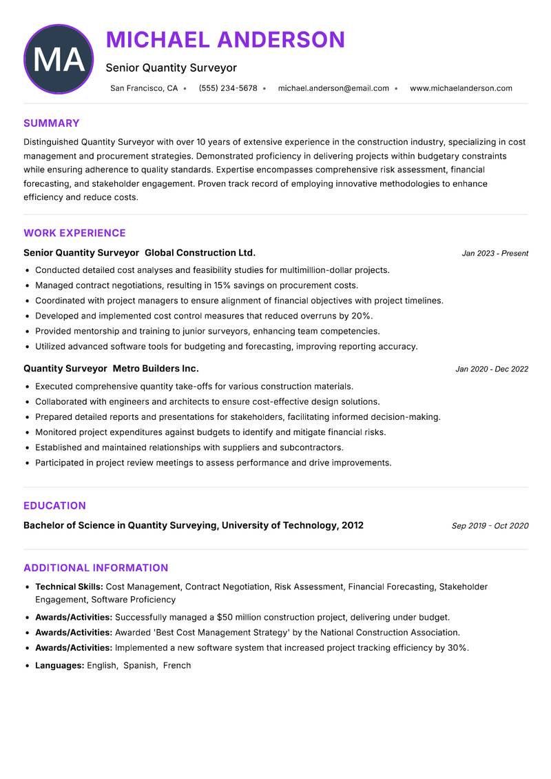 Quantity Surveyor Construction resume example