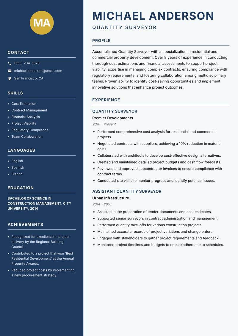 Quantity Surveyor Construction resume sample — Quantity Surveyor focus