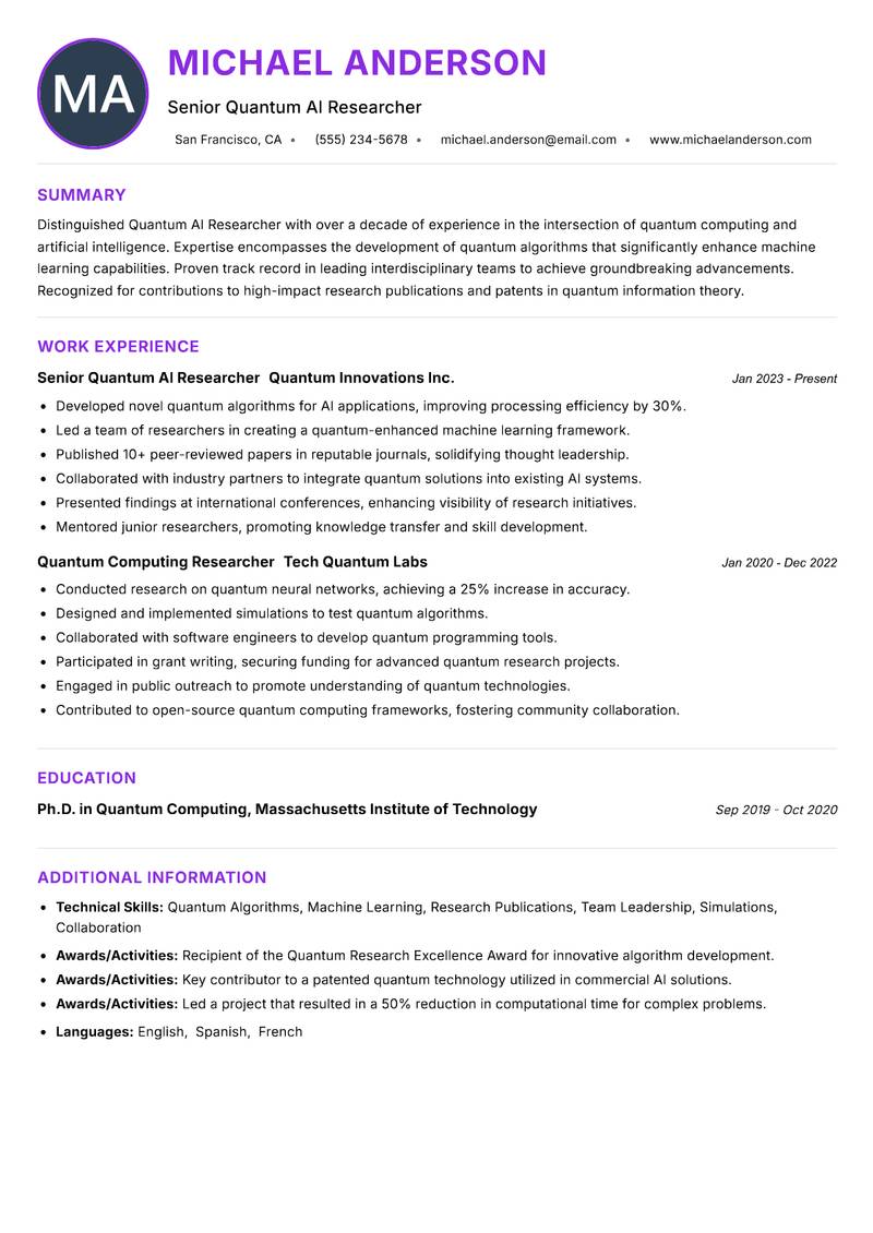 Quantum AI Researcher resume example