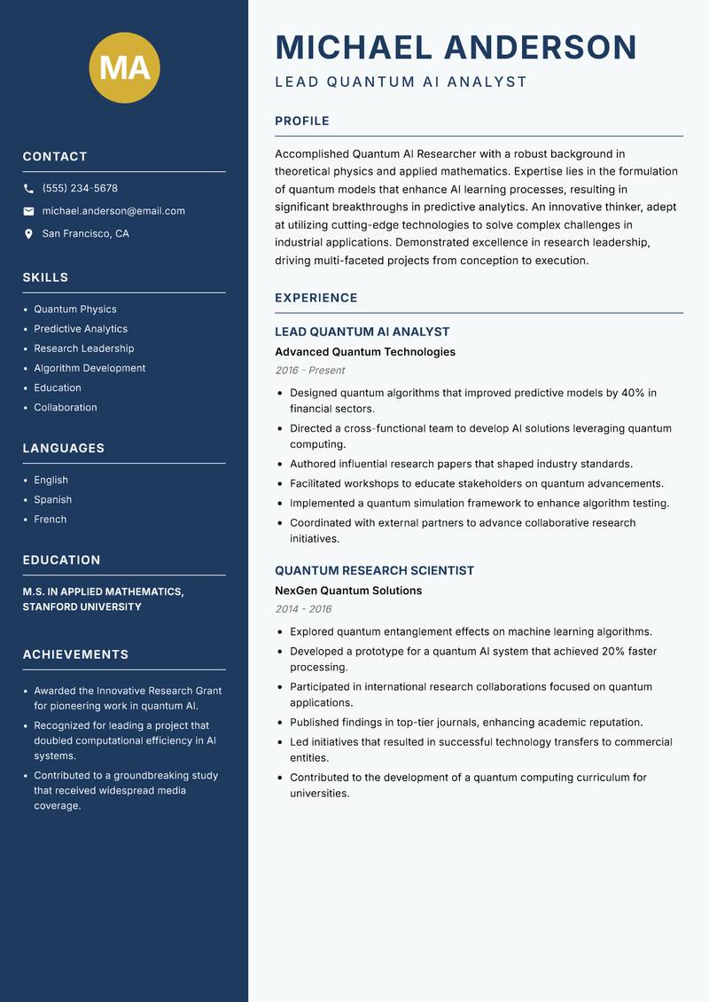 Quantum AI Researcher resume sample — Lead Quantum AI Analyst focus
