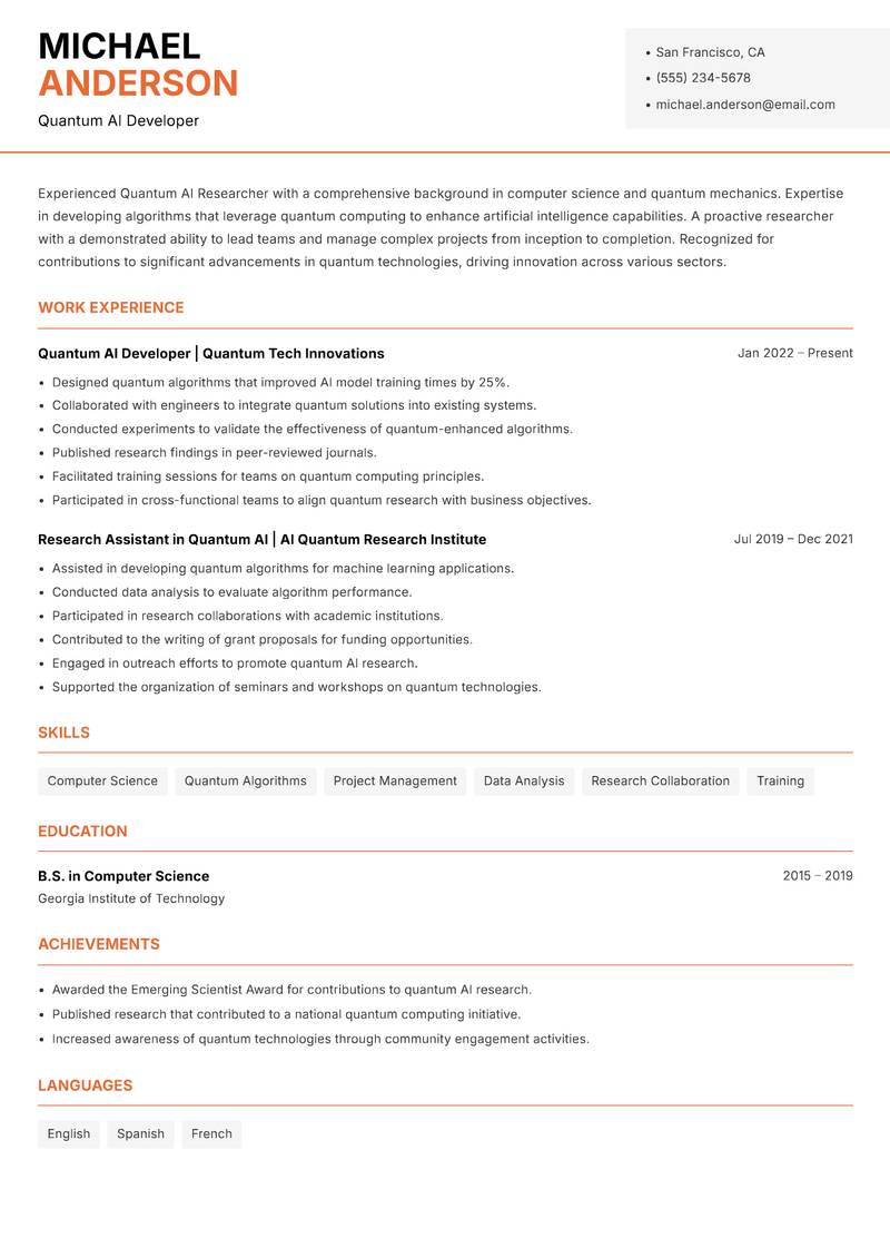 Quantum AI Researcher resume sample — Quantum AI Developer focus