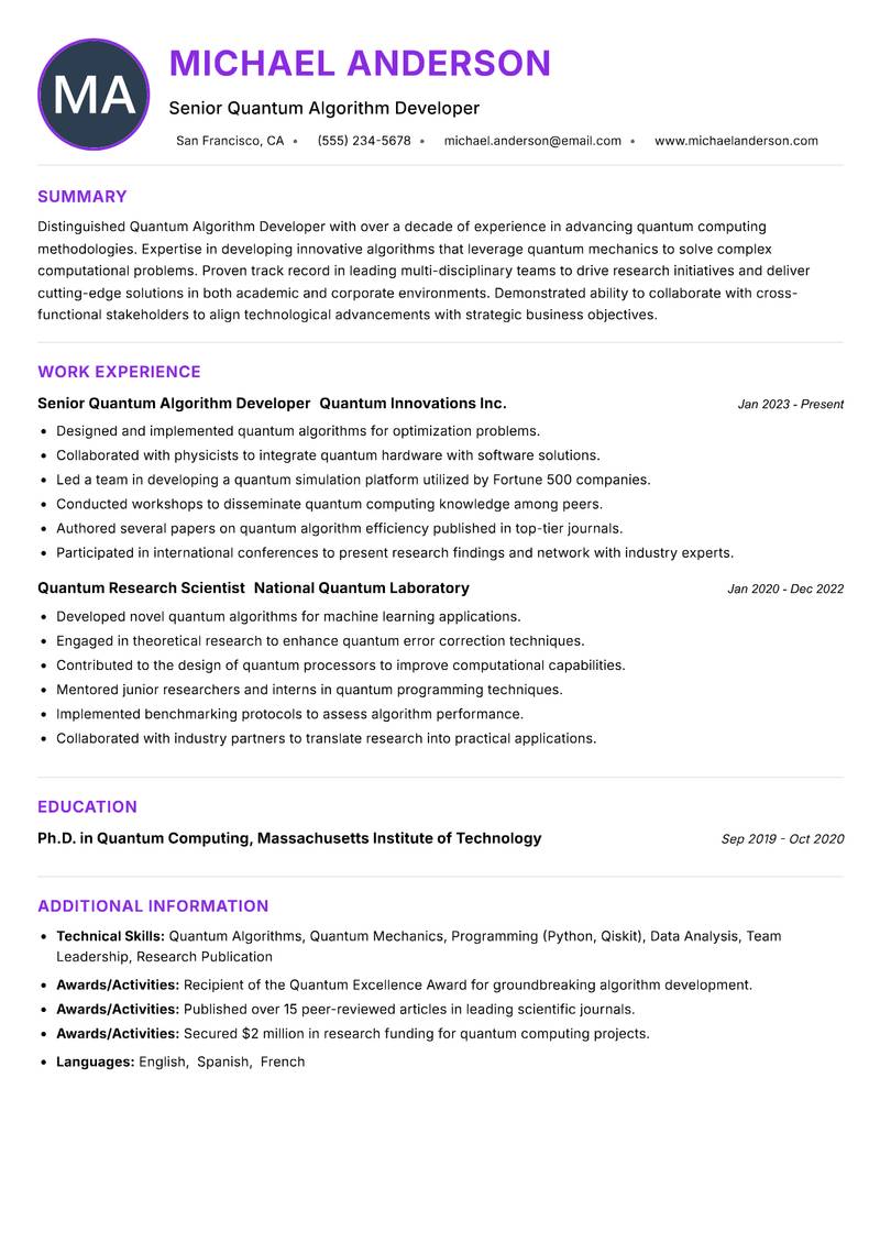 Quantum Algorithm Developer resume example