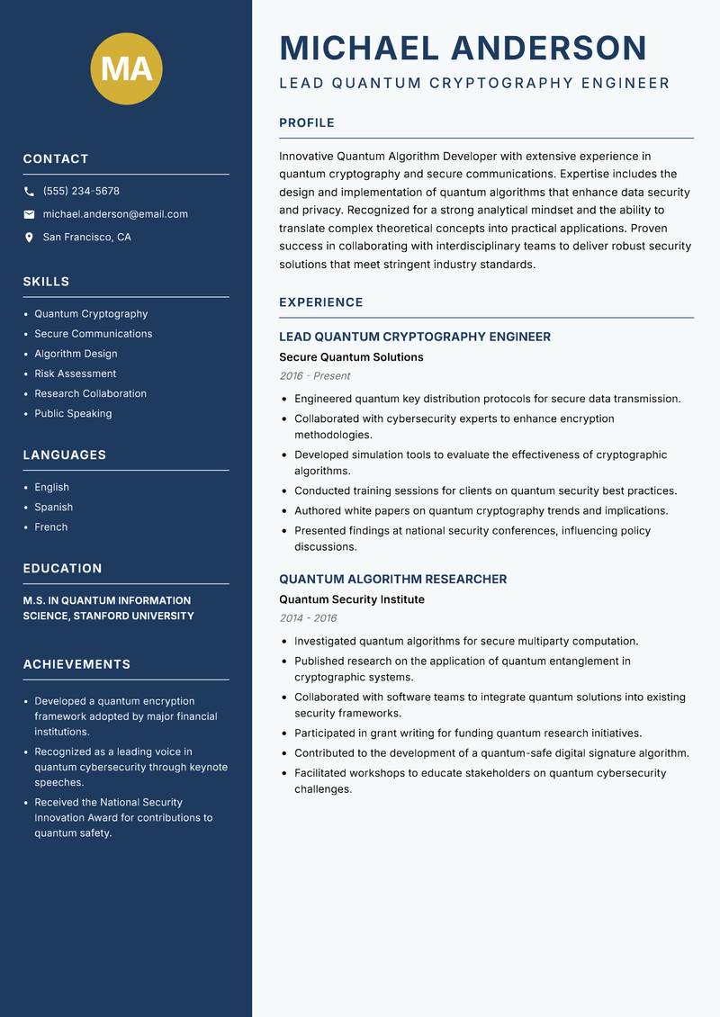 Quantum Algorithm Developer resume sample — Lead Quantum Cryptography Engineer focus
