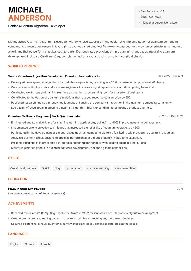 Quantum Algorithm Developer resume sample — Senior Quantum Algorithm Developer focus