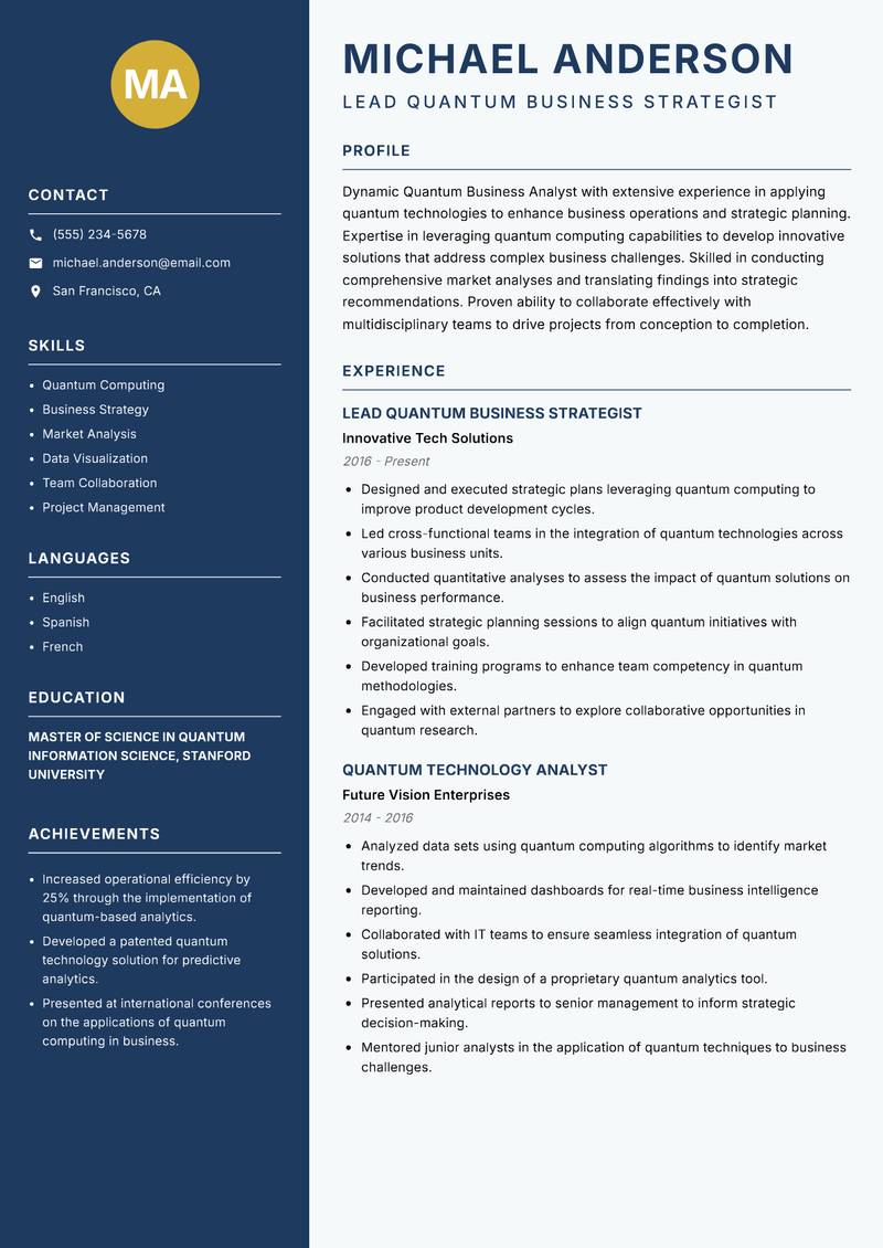 Quantum Business Analyst resume sample — Lead Quantum Business Strategist focus