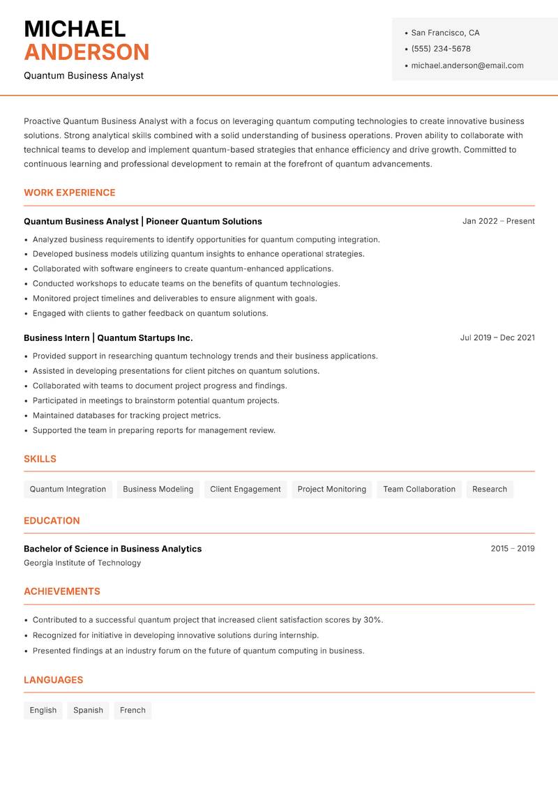 Quantum Business Analyst resume sample — Quantum Business Analyst focus