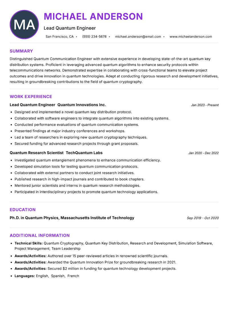 Quantum Communication Engineer resume example