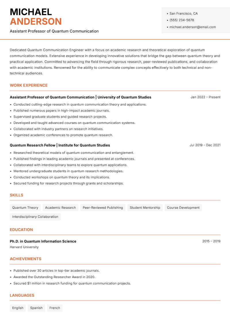 Quantum Communication Engineer resume sample — Assistant Professor of Quantum Communication focus