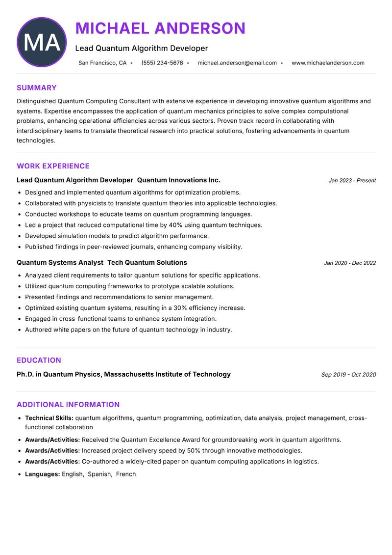 Quantum Computing Consultant resume example