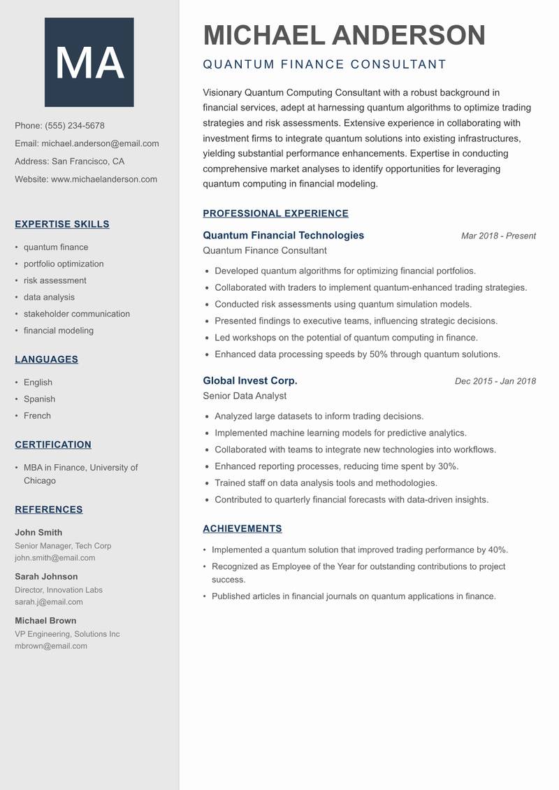 Quantum Computing Consultant resume sample — Quantum Finance Consultant focus