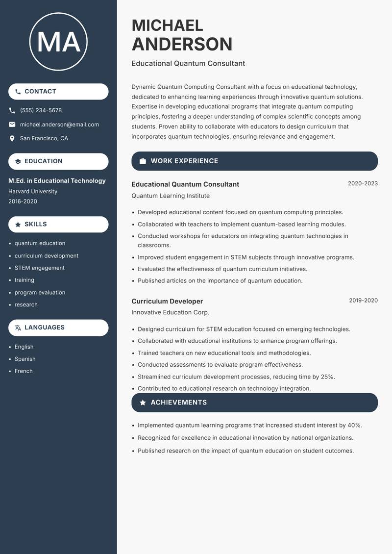 Quantum Computing Consultant resume sample — Educational Quantum Consultant focus