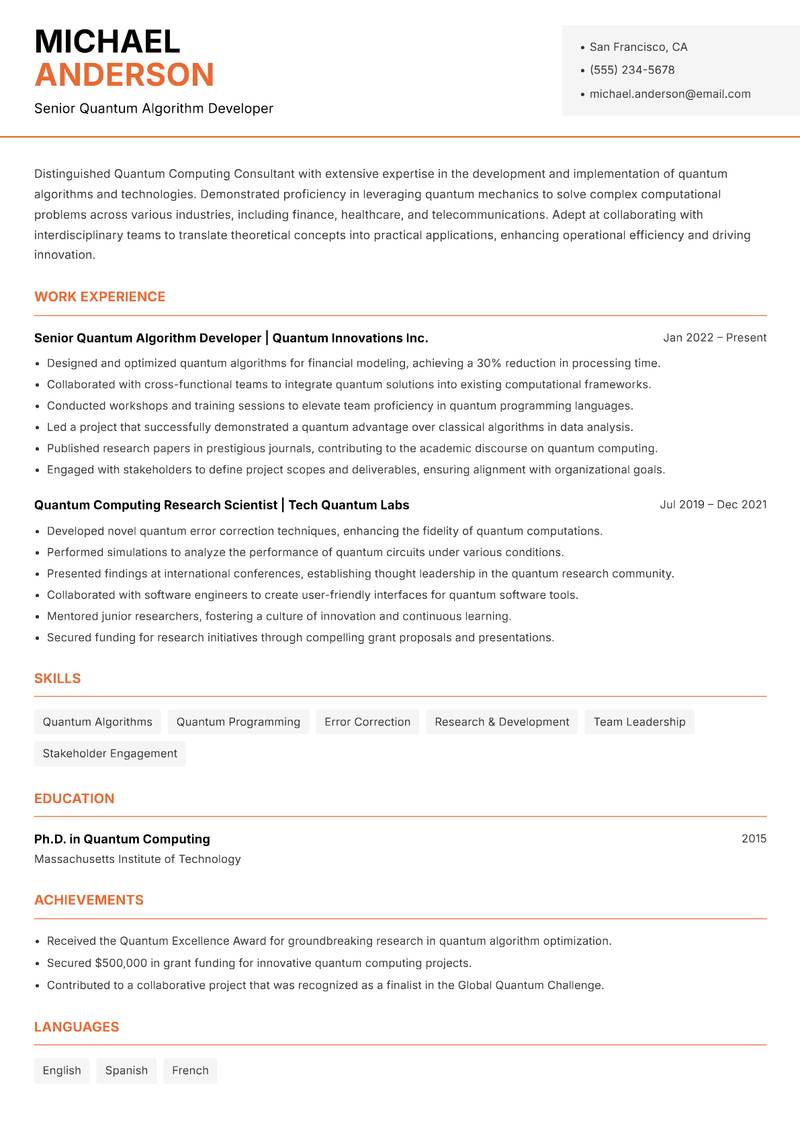 Quantum Computing Consultant resume sample — Senior Quantum Algorithm Developer focus