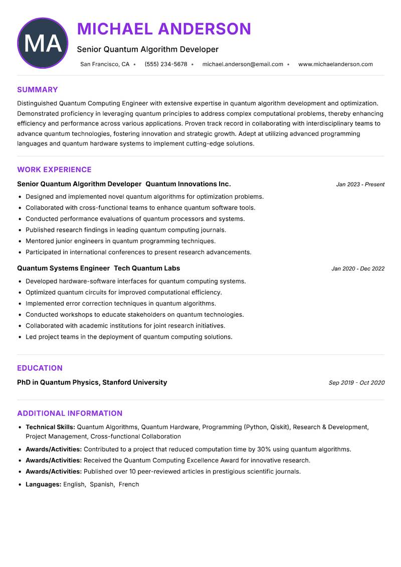 Quantum Computing Engineer resume example