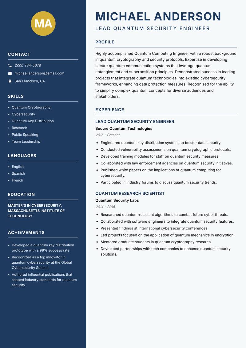 Quantum Computing Engineer resume sample — Lead Quantum Security Engineer focus