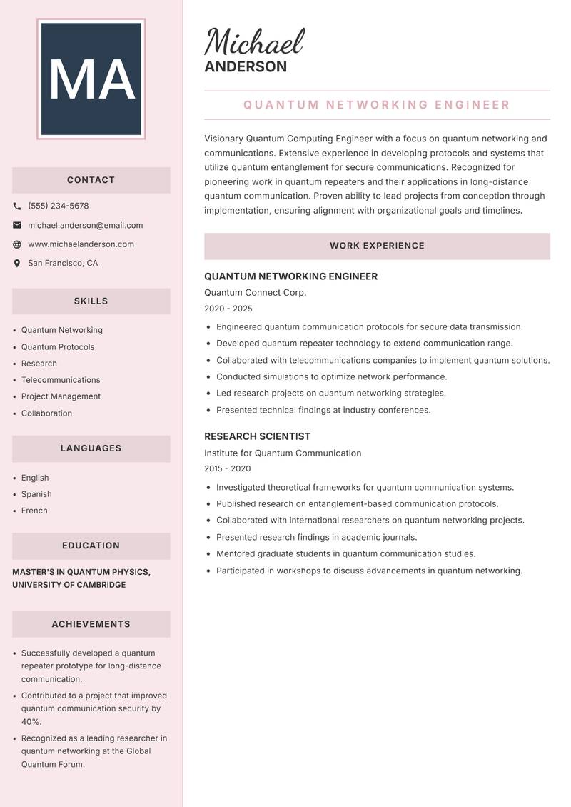 Quantum Computing Engineer resume sample — Quantum Networking Engineer focus