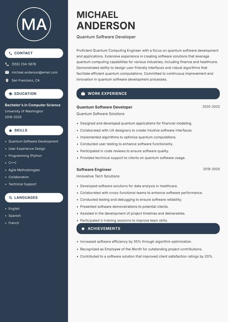 Quantum Computing Engineer resume sample — Quantum Software Developer focus