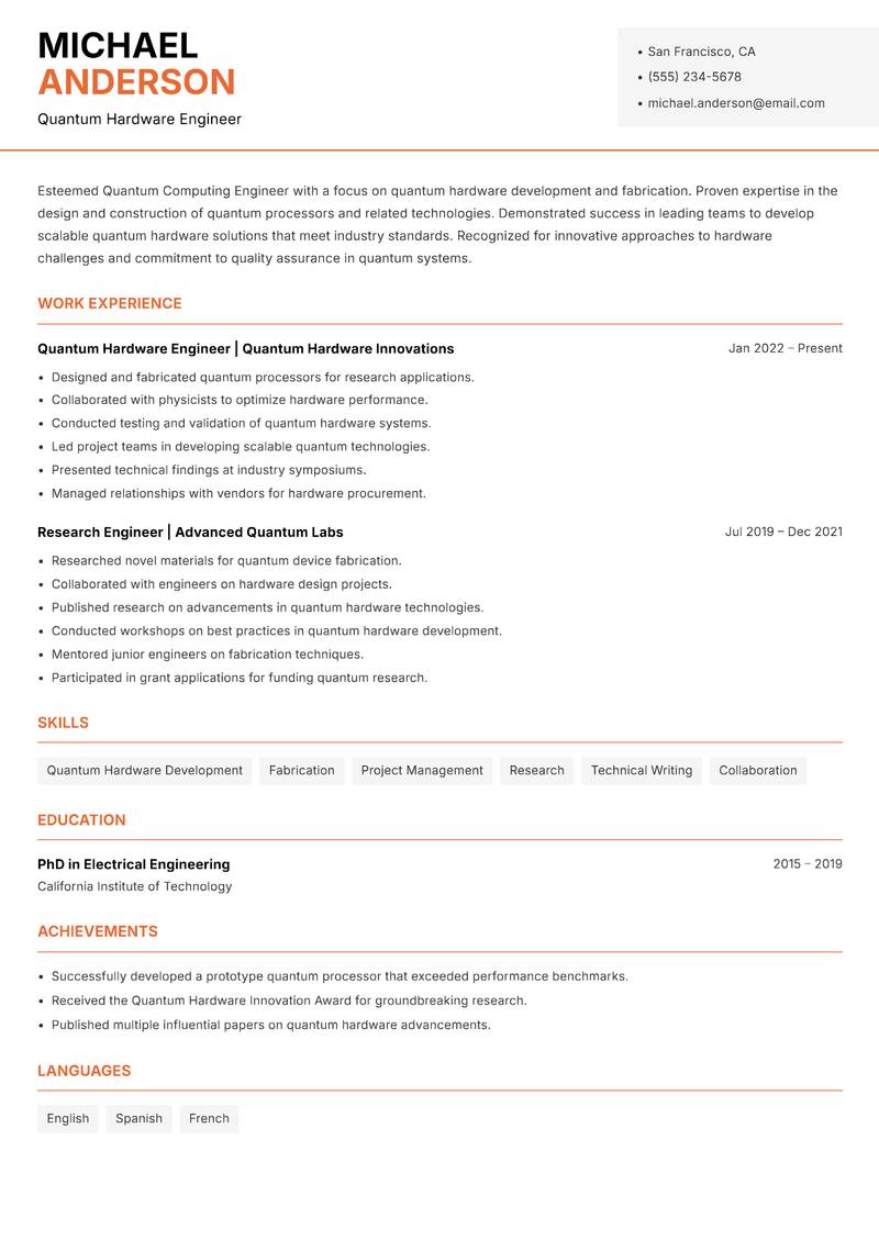 Quantum Computing Engineer resume sample — Quantum Hardware Engineer focus