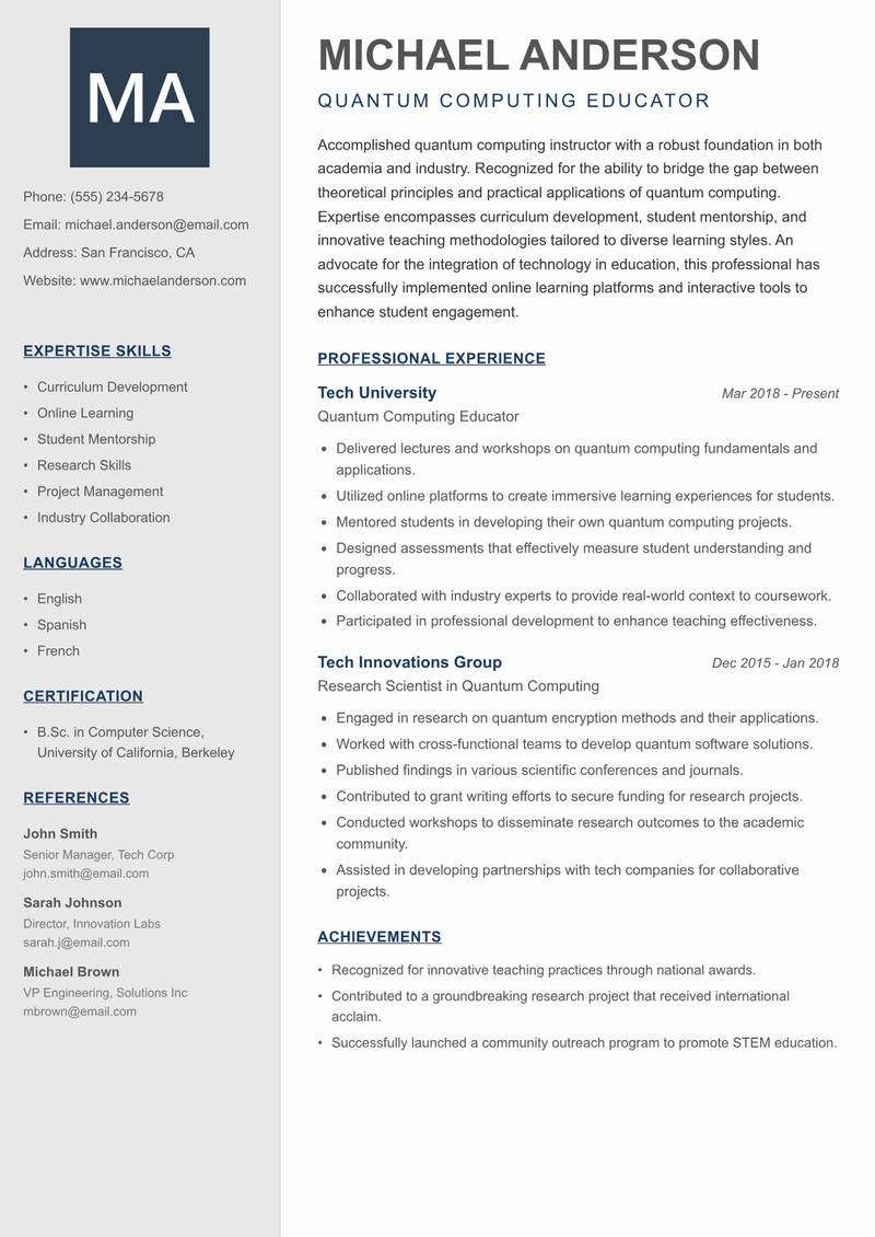 Quantum Computing Instructor resume sample — Quantum Computing Educator focus