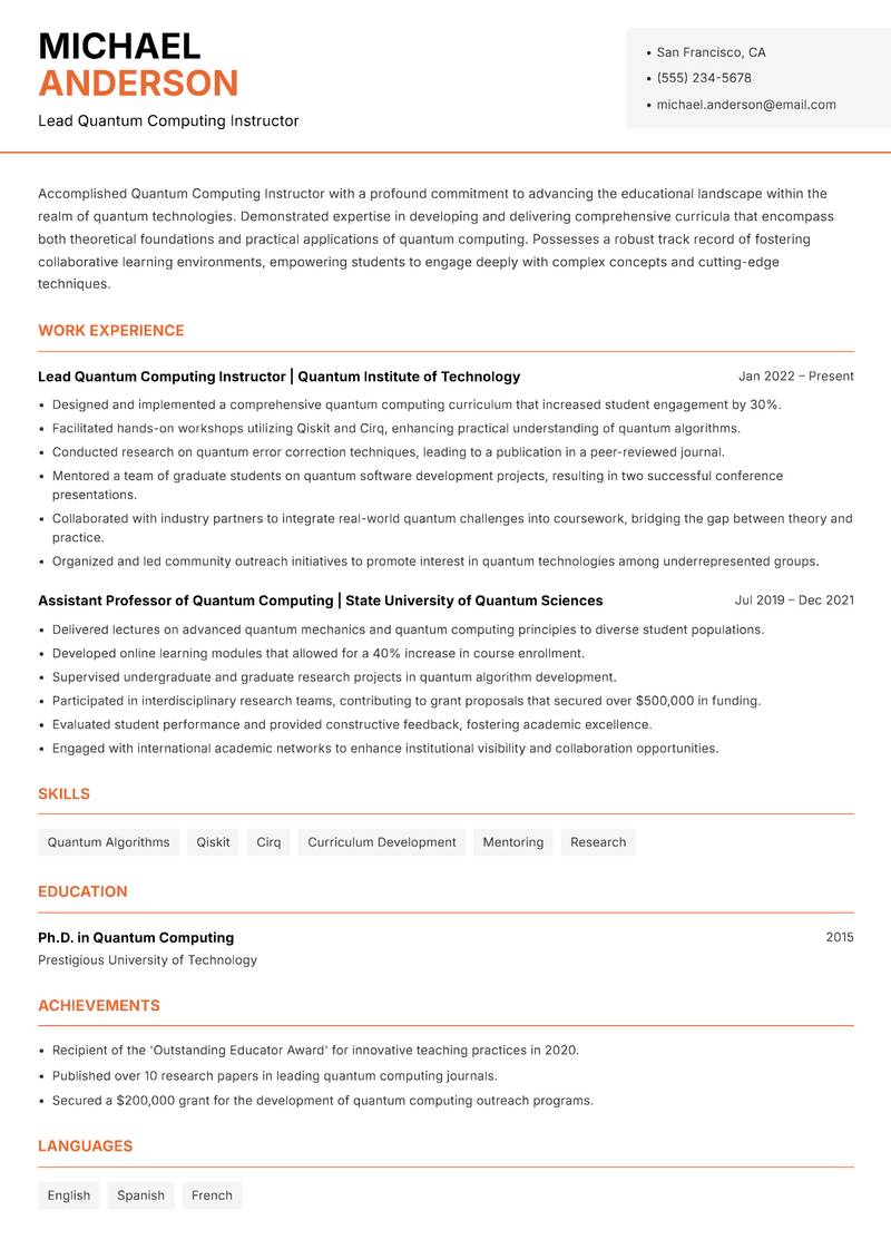 Quantum Computing Instructor resume sample — Lead Quantum Computing Instructor focus