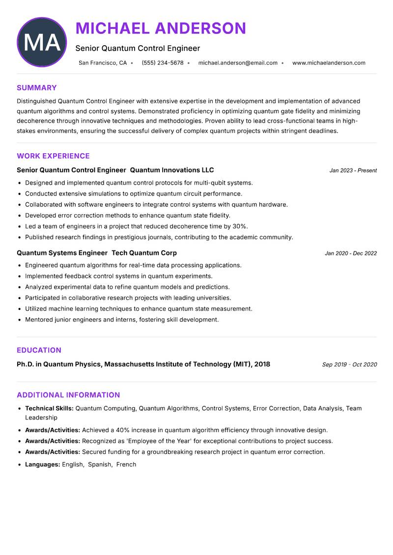 Quantum Control Engineer resume example