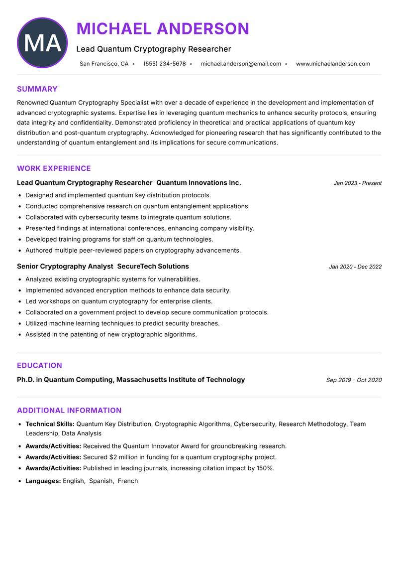 Quantum Cryptography Specialist resume example