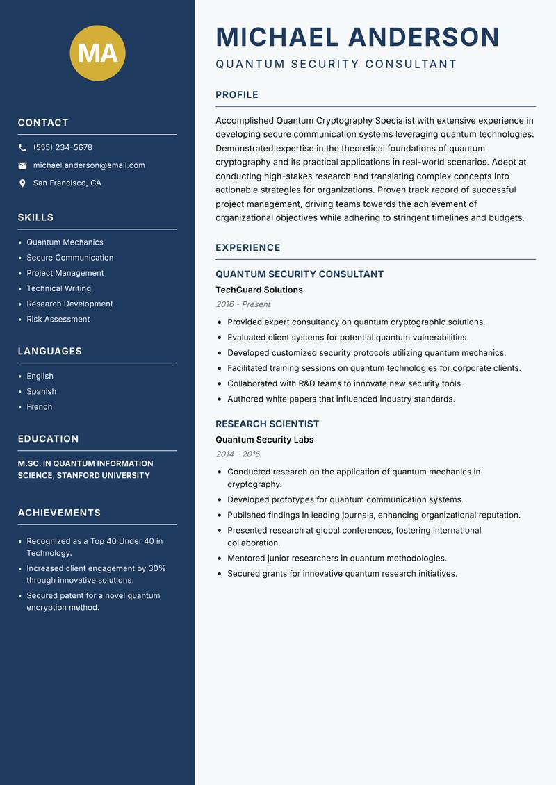 Quantum Cryptography Specialist resume sample — Quantum Security Consultant focus
