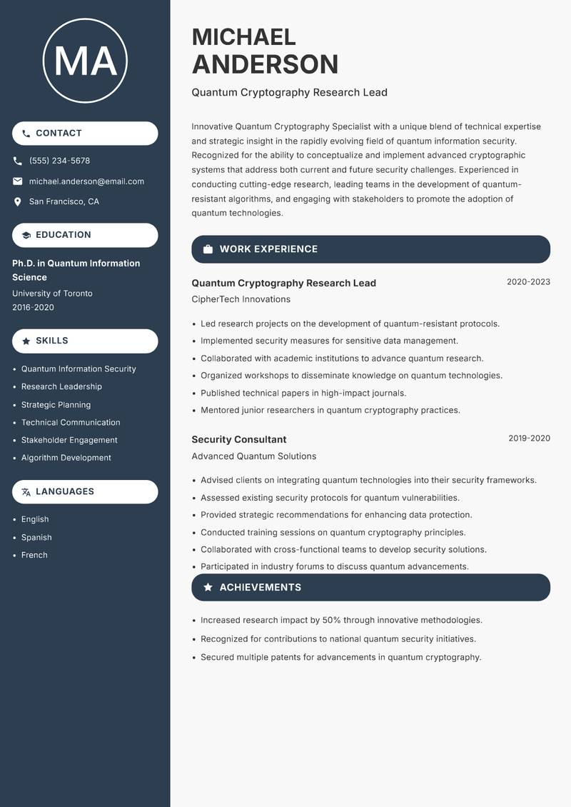 Quantum Cryptography Specialist resume sample — Quantum Cryptography Research Lead focus