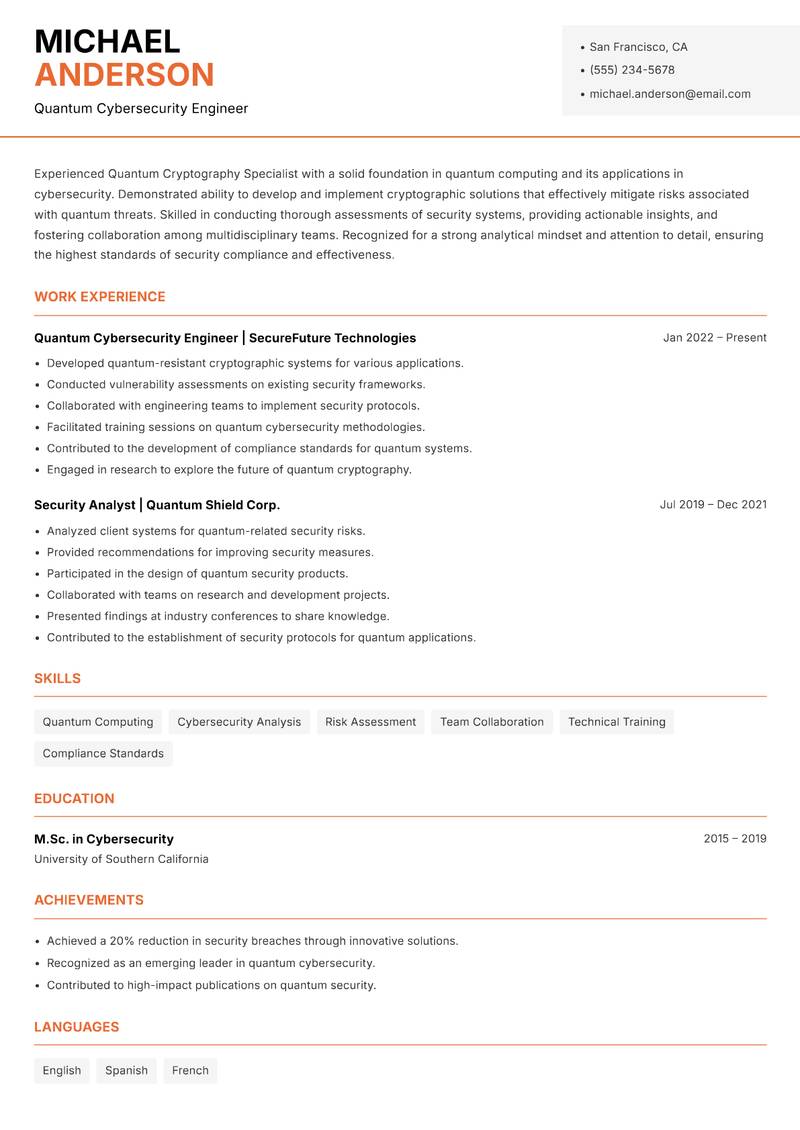 Quantum Cryptography Specialist resume sample — Quantum Cybersecurity Engineer focus