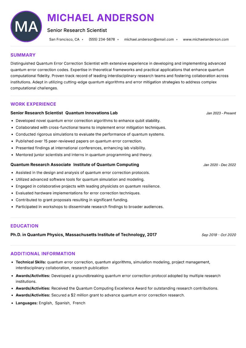 Quantum Error Correction Scientist resume example