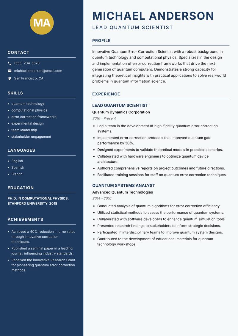 Quantum Error Correction Scientist resume sample — Lead Quantum Scientist focus