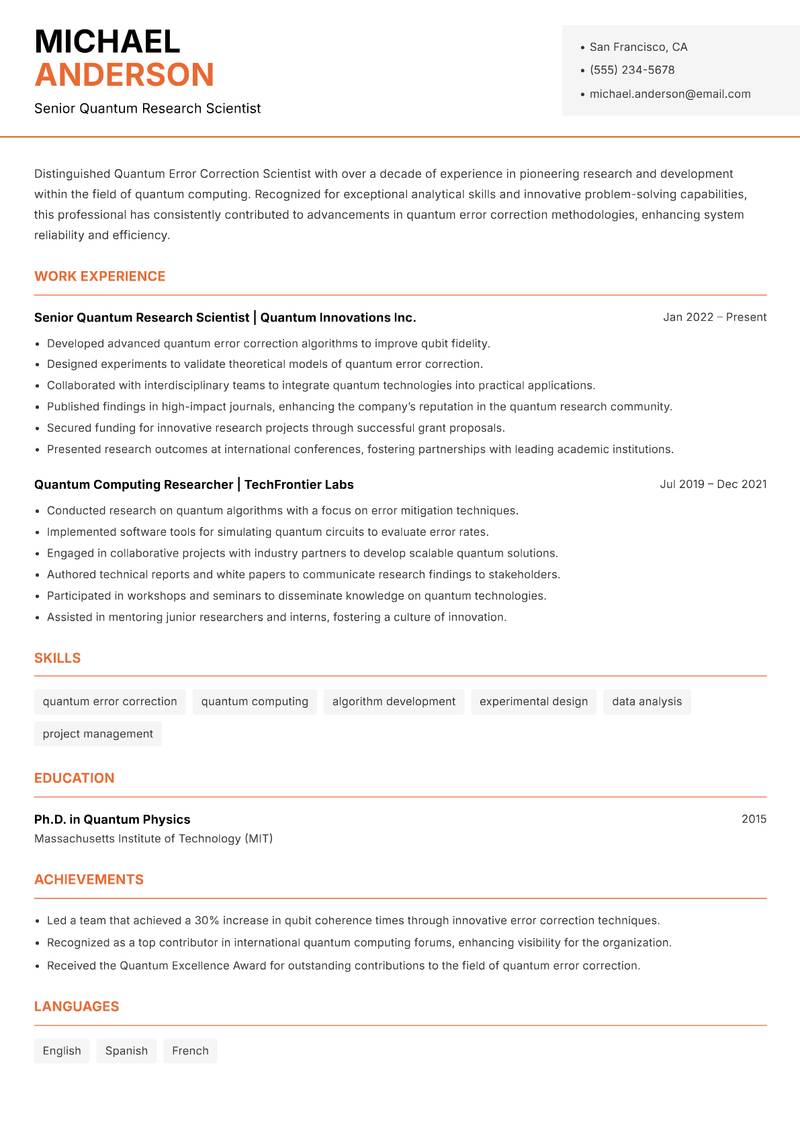 Quantum Error Correction Scientist resume sample — Senior Quantum Research Scientist focus