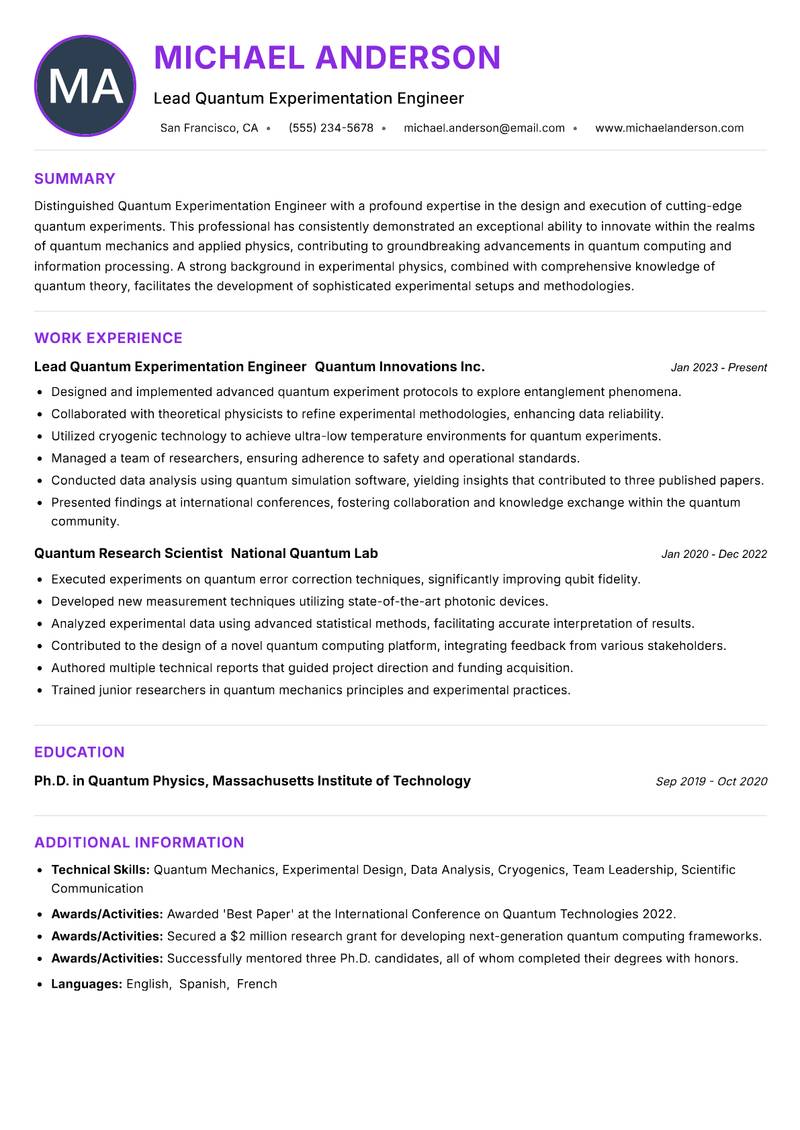 Quantum Experimentation Engineer resume example