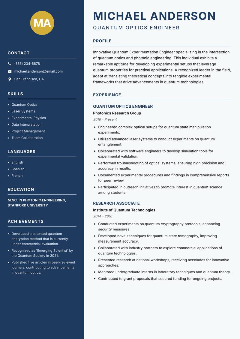 Quantum Experimentation Engineer resume sample — Quantum Optics Engineer focus