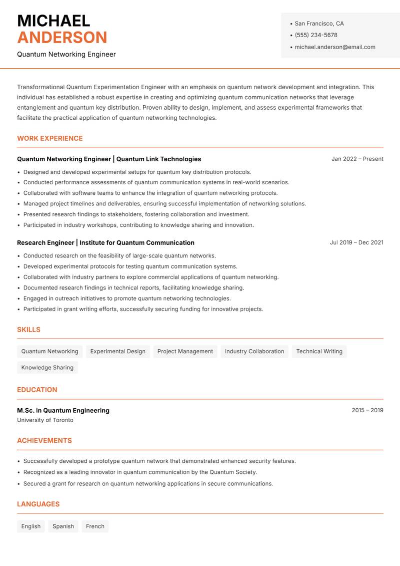 Quantum Experimentation Engineer resume sample — Quantum Networking Engineer focus