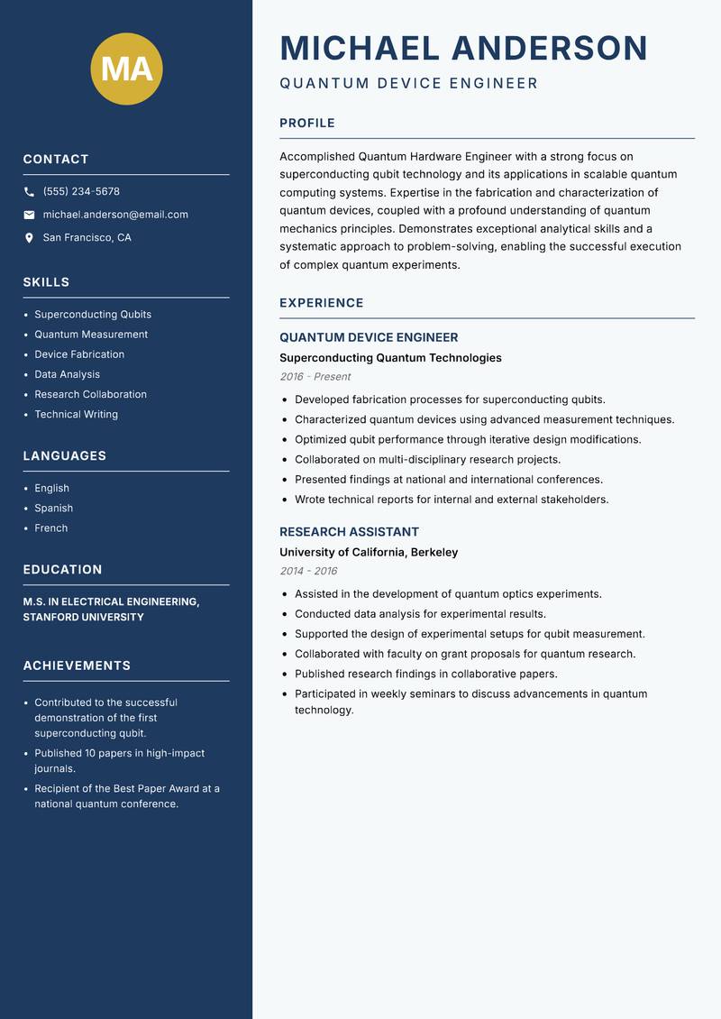 Quantum Hardware Engineer resume sample — Quantum Device Engineer focus